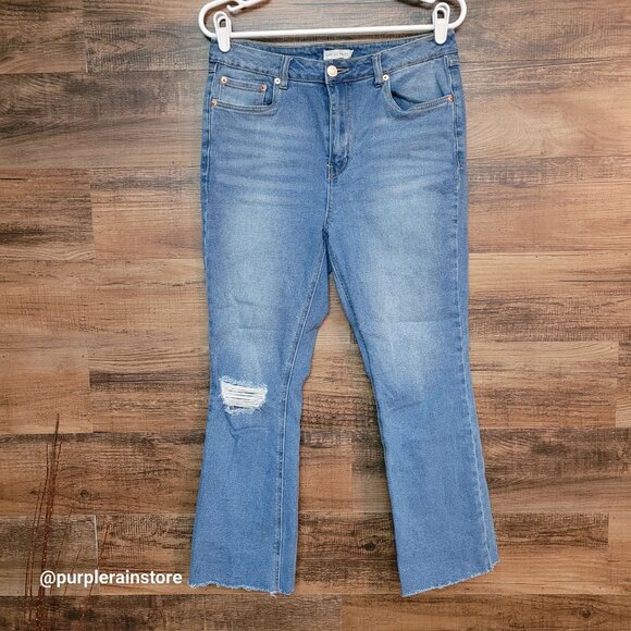 Avec Les Filles Jeans 28 Crop Flare High Rise Medium Light Wash Raw Hem Stretch - Picture 1 of 12